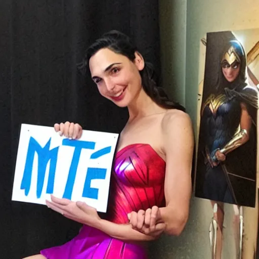 Image similar to Gal Gadot holding a sign that says M I T C H I as painted by Ralph Horsley