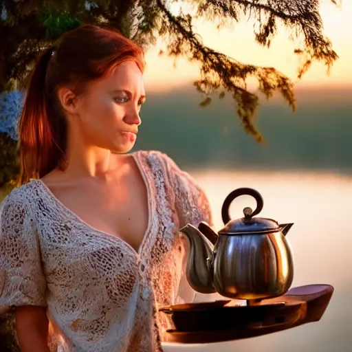 Prompt: beautiful russian woman making tea at sunrise