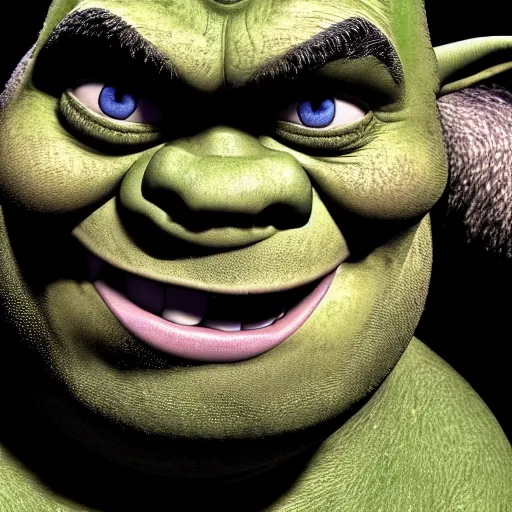 Image similar to shrek!!! going goblin - mode, menacing figure, imposing, low camera angle looking up