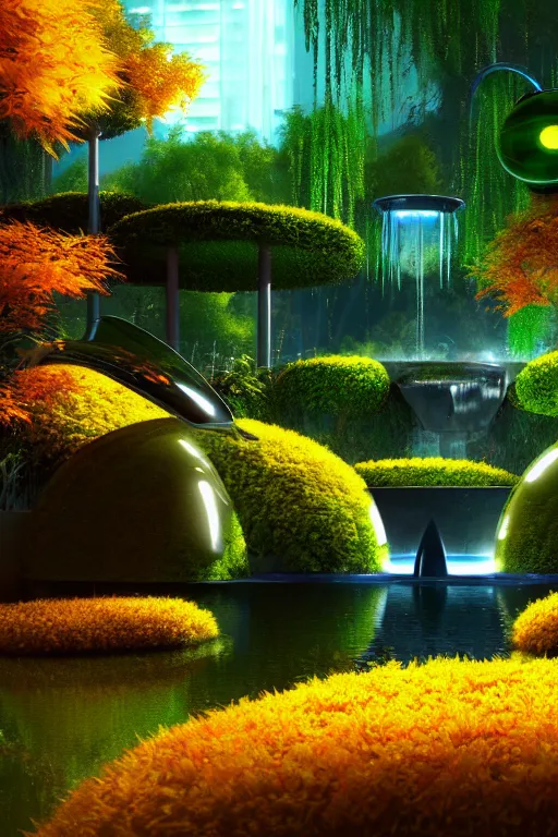 Image similar to futuristic garden glowing in autumn, marble fountains, small waterfalls, ecosystem, robotic bumblebees, 1 9 8 0 s science fiction, 1 9 7 0 s science fiction, alien 1 9 7 9, cyberpunk, 3 d oil painting, depth perception, 4 k, artstation