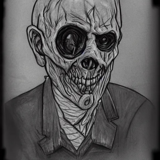 Image similar to a scary horror themed uncle, drawn with charcoal and pen and ink, half-tone-line-stacking