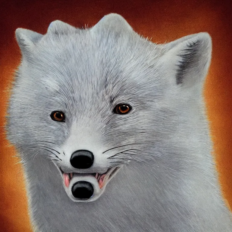 Image similar to hyperrealistic portrait of arctic fox bring ice and fire and destruction to the world photorealistic symmetrical detailed fracta central compositionl