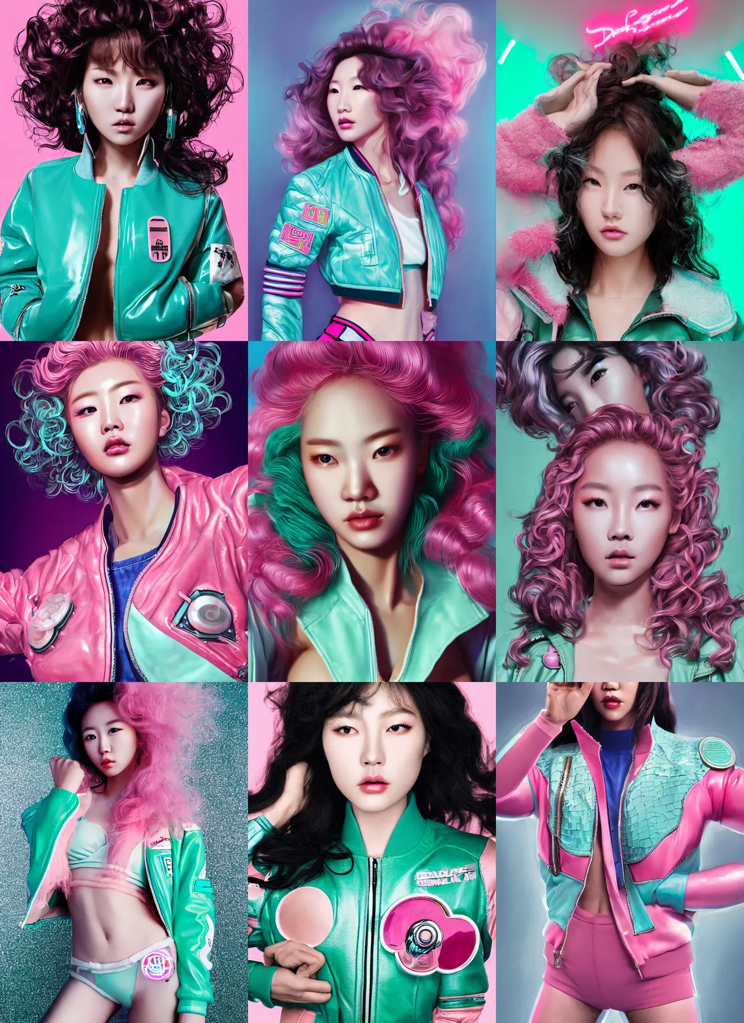 Prompt: gorgeous korean female cyborg model portrait wearing a mint - colored bomber jacket with 3 patches and a pink bikini, silver curly hair, eighties look, retro, beautiful lights, vintage look, depth of field, hyper realistic, illustration, airbrush, 8 k, intricate, duo tone, art by david la chapelle and philip castle, artgerm