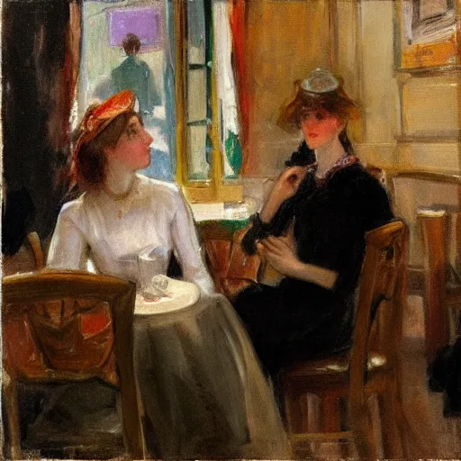 Prompt: two young edwardian women in a cafe in paris, in the style of anders zorn