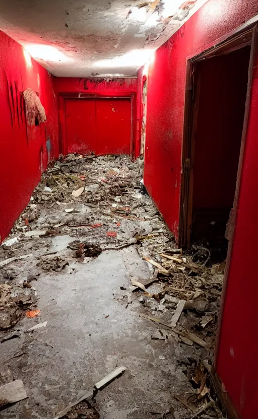 Prompt: high quality photo of a slimy red monster in the hallway of an old abandoned victorion house