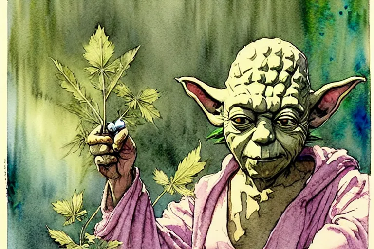 Image similar to a realistic and atmospheric watercolour fantasy character concept art portrait of yoda with pink eyes looking confused holding a blunt with a pot leaf nearby, by rebecca guay, michael kaluta, charles vess and jean moebius giraud