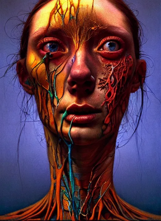 Prompt: there is ugliness in beauty, but there is also beauty in ugliness detailed portrait painting inspired by beksinski and alex gray, accurate anatomy, anamorphic lens, anamorphic lens flares, kodakchrome, cinematic composition, award winning photo, by jenny saville, gaspar noe and christopher doyle 8 k