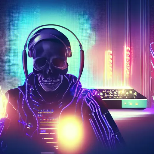 Image similar to cyberpunk skeleton with headphones playing synthesizer, smoky lights, lasers, highly detailed, realistic, dusty, technology and magic,