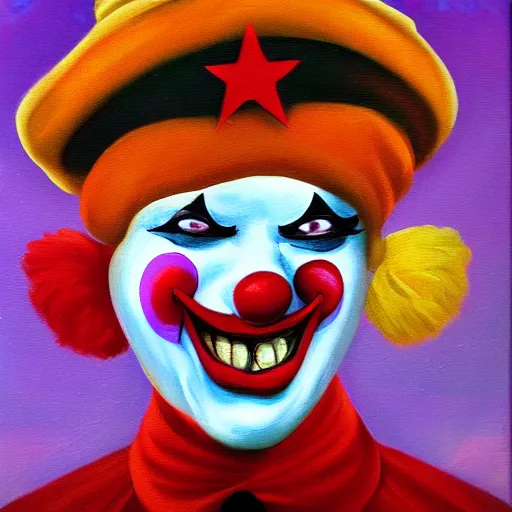 Prompt: Five star clown oil painting