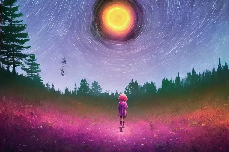 Image similar to giant daisy flower as a head, girl walking forest, big trees, hills, surreal photography, dark night, star trails, moon light, impressionist painting, clouds, digital painting, artstation, simon stalenhag