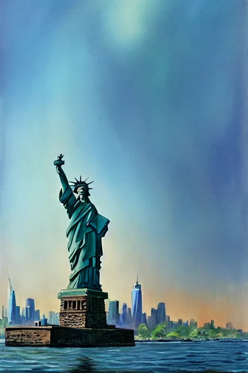 Image similar to bob ross painting of new york statue of liberty