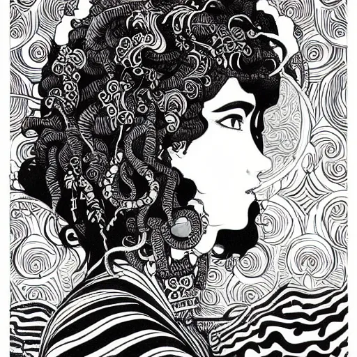 Image similar to filigree detailed illustration of a profile of gypsy girl with long curly hair and big goat horns, aubrey beardsley, tomer hanuka, makoto shinkai