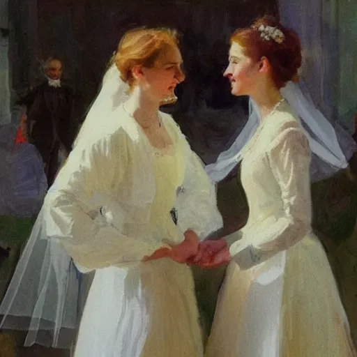 Prompt: two young edwardian women getting married to each other in a russian church, in the style of anders zorn