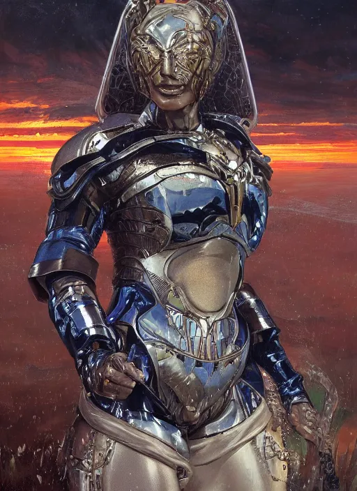 Prompt: a biblical diabolical beautiful female android, hawk, shiny hi - tech armor, dynamic pose, splashing, heavy eyes to the side, closeup, bright glowing veins, in clouds, rain, sunset, portrait, by gerald brom, by mikhail vrubel, by peter elson, muted colors, extreme detail, reflections, trending on artstation, 8 k