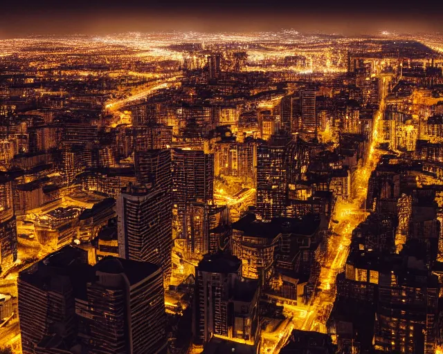 Prompt: a view of a city from a distance at night, a matte painting by konstantinas ciurlionis, featured on unsplash, synchromism, photo taken with nikon d 7 5 0, high dynamic range, nightscape