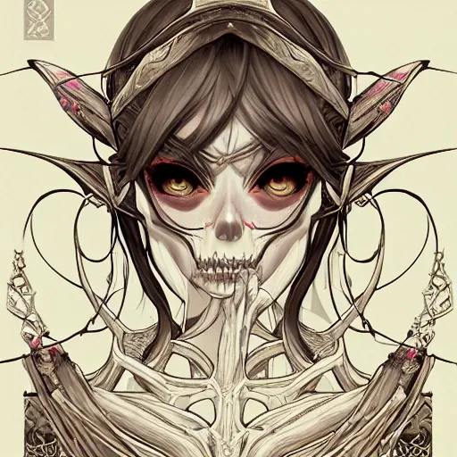 Prompt: anime manga skull profile young woman skeleton, elf, lotr, galadriel, Tolkien, unreal engine, intricate, elegant, highly detailed, digital art, art by JC Leyendecker and sachin teng