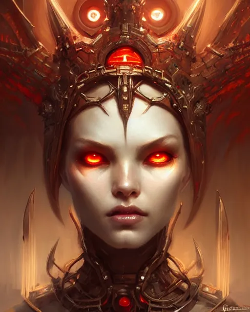 Image similar to concept art by artgerm, super attractive i robot demon queen with crown and red eyes, art by by gaston bussiere and greg rutkowski, soft natural light, intricate, elegant close - up portrait, highly detailed, digital painting, artstation, concept art, smooth, sharp focus, illustration, symmetry!!