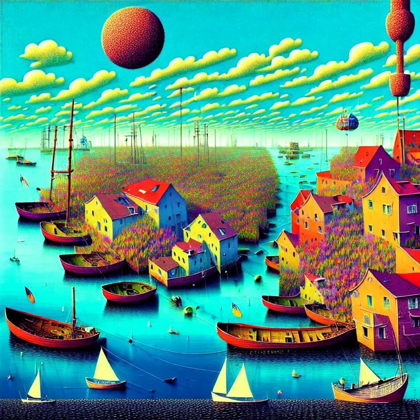 Image similar to surreal glimpse into other universe, a modern sea port, summer morning, very coherent and colorful high contrast, art by!!!! gediminas pranckevicius!!!!, geof darrow, floralpunk screen printing woodblock, dark shadows, hard lighting, stipple brush technique,