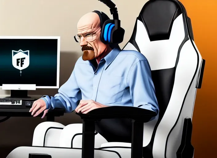 Image similar to realistic gamer walter white in real life on a gaming chair playing fortnite on his gamer pc