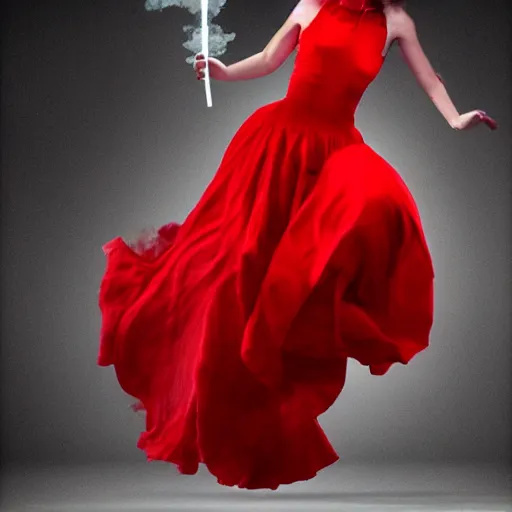 Image similar to a woman made of smoke, wearing a red dress, dancing, posed, photograph, photoshop,