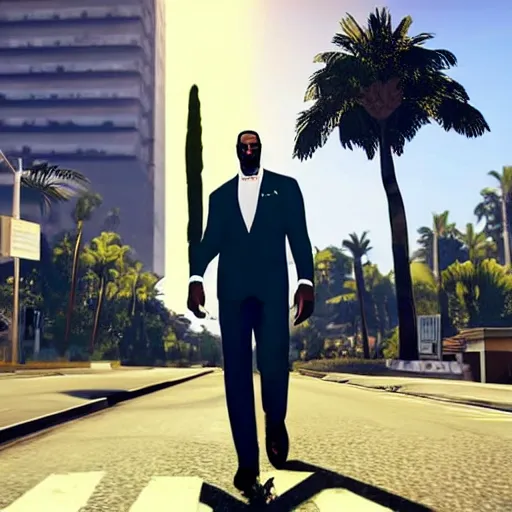 Image similar to Lebron James wearing a suit in GTA V . Los Santos in background, palm trees. in the art style of Stephen Bliss