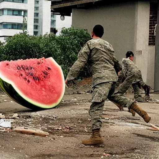 Image similar to The giant watermelon was finally stopped when it ran into a building that was too strong for it to destroy. It was cornered and had nowhere to go. The military was able to contain it and eventually destroy it. Cinematic