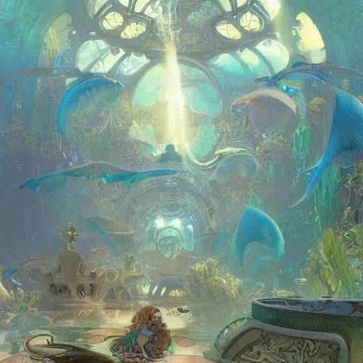 Image similar to a beautiful stunning fantasy whimsical matte digital storybook painting of the underwater city of Atlantis, art nouveau, bubbles splash shells fish details, pastel color palette, by Alphonse Mucha and Tyler Edlin, trending on artstation hq