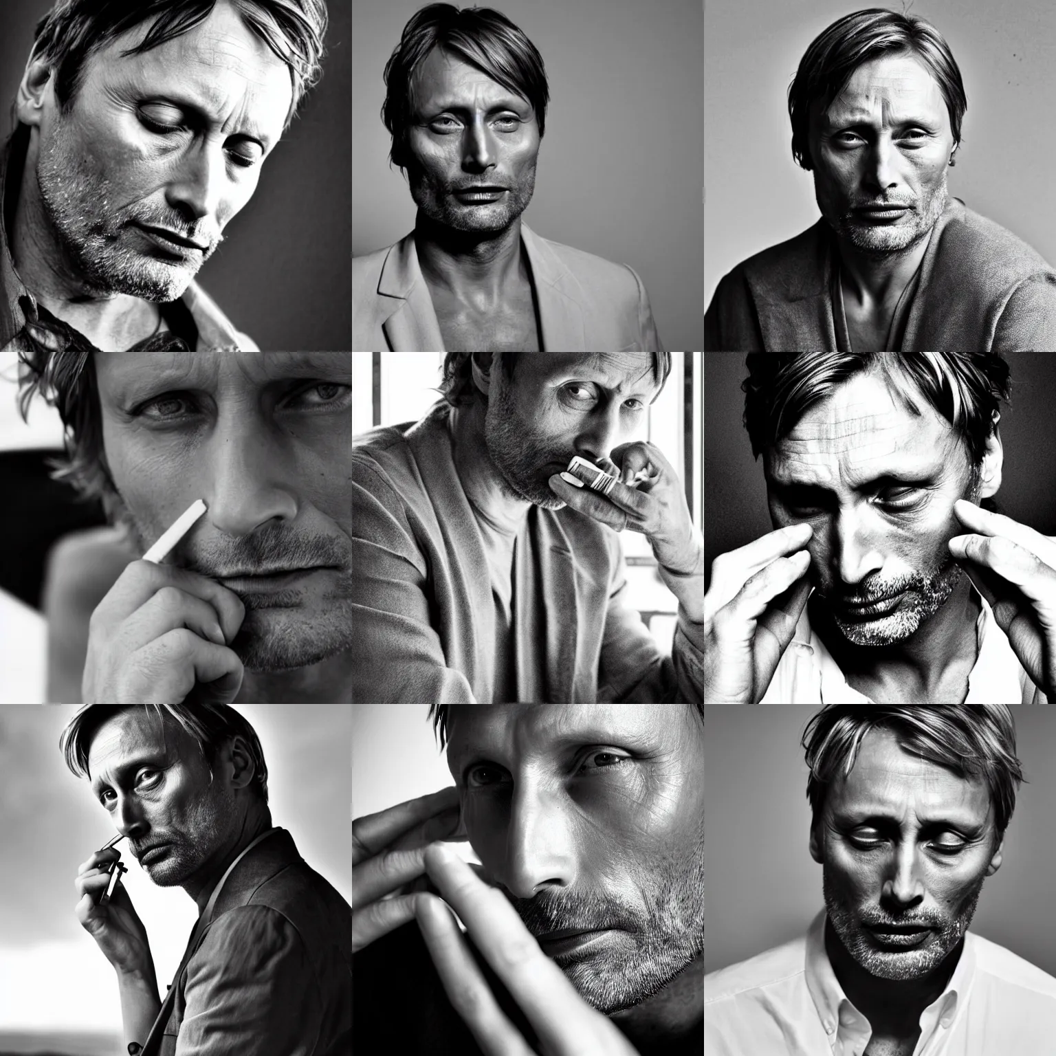 Prompt: Mads Mikkelsen smoking cigarette, looking sideway, thoughtful, suspense, portrait black and white