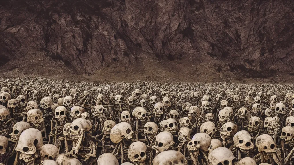 Prompt: army of skeletons In front of a mountain, cinematic,