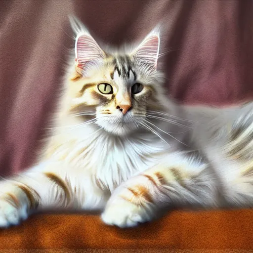 Image similar to portrait cream color maine coon cat curled up, bay window sofa, 8K, 4K, digital art, photoshop, sumi-e, palette knife, oversaturated lens flair, bokeh, sunbeam