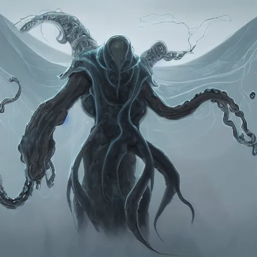 Prompt: concept designs for an end game boss that is an ethereal obsidian ghostly wraith like figure with a squid like parasite latched onto its head and long tentacle arms that flow lazily but gracefully at its sides like a cloak and chains rattling at its sides while it floats around a frozen rocky tundra in the snow searching for lost souls and that hides amongst the shadows in the trees, this character has hydrokinesis and electrokinesis for the resident evil village video game franchise and inspired by vecna from stranger things