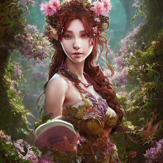 Image similar to the portrait of chaotic good female druid botanist as absurdly beautiful, gorgeous, elegant, young gravure idol, an ultrafine hyperdetailed illustration by kim jung gi, irakli nadar, intricate linework, sharp focus, bright colors, octopath traveler, final fantasy, unreal engine 5 highly rendered, global illumination, radiant light, detailed and intricate environment