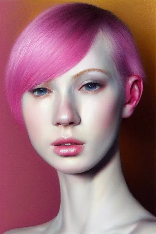 Prompt: “Portrait of a pale skin female with short pink hair, elegant, photorealistic, highly detailed, artstation, smooth, sharp focus, gold, neon lighting, sci-fi, art by Klimt.”