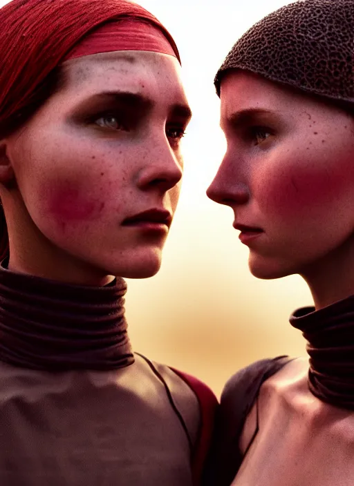 Image similar to cinestill 5 0 d photographic portrait by steve mccurry of two loving female androids wearing rugged black mesh techwear on a desolate plain with a red sky, extreme closeup, cyberpunk style, dust storm, 8 k, hd, high resolution, 3 5 mm, f / 3 2, ultra realistic faces, ex machina, blade runner