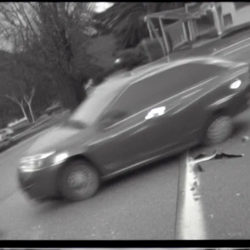Prompt: Security camera footage of a car crash. Labeled 2/3/2012. Black and white, grainy, staticky.