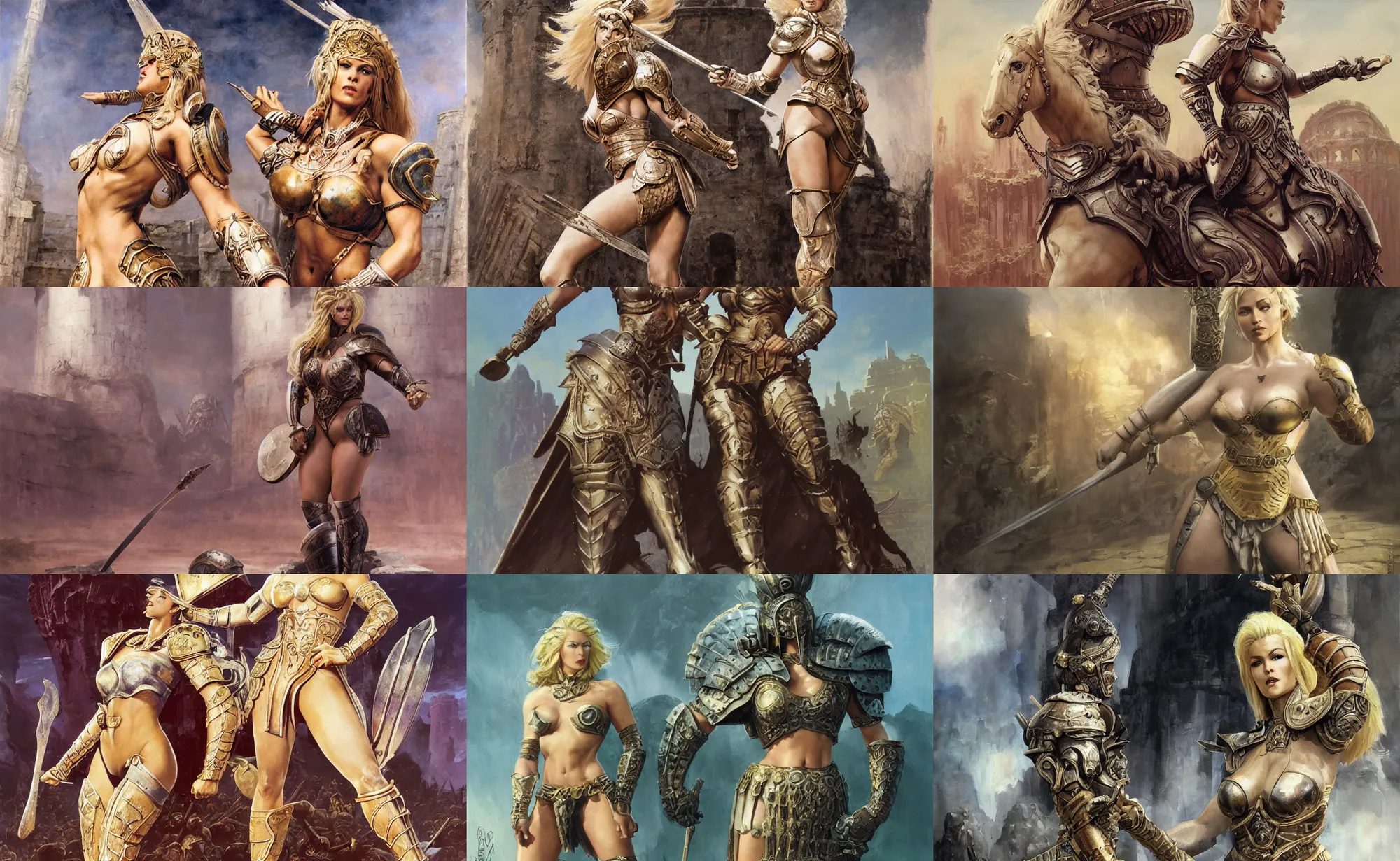 Prompt: A mixed media painting of a beautiful blonde woman warrior in a coliseum, gladiator armor, very aesthetic, curvy, detailed face and eyes, by Frank Frazetta, Boris Vallejo, Greg Rutkowski, Beeple, Yoko Taro, Christian MacNevin, epic fantasy character art, roman numerals, high fantasy, CGsociety, full length, exquisite detail, post-processing, masterpiece, cinematic, coliseum backdrop