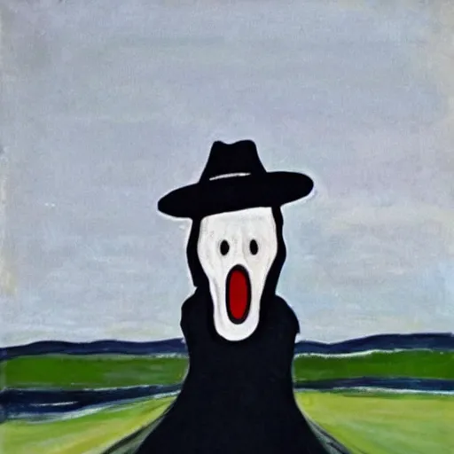 Prompt: the scream with a hat and raining on top of a hill