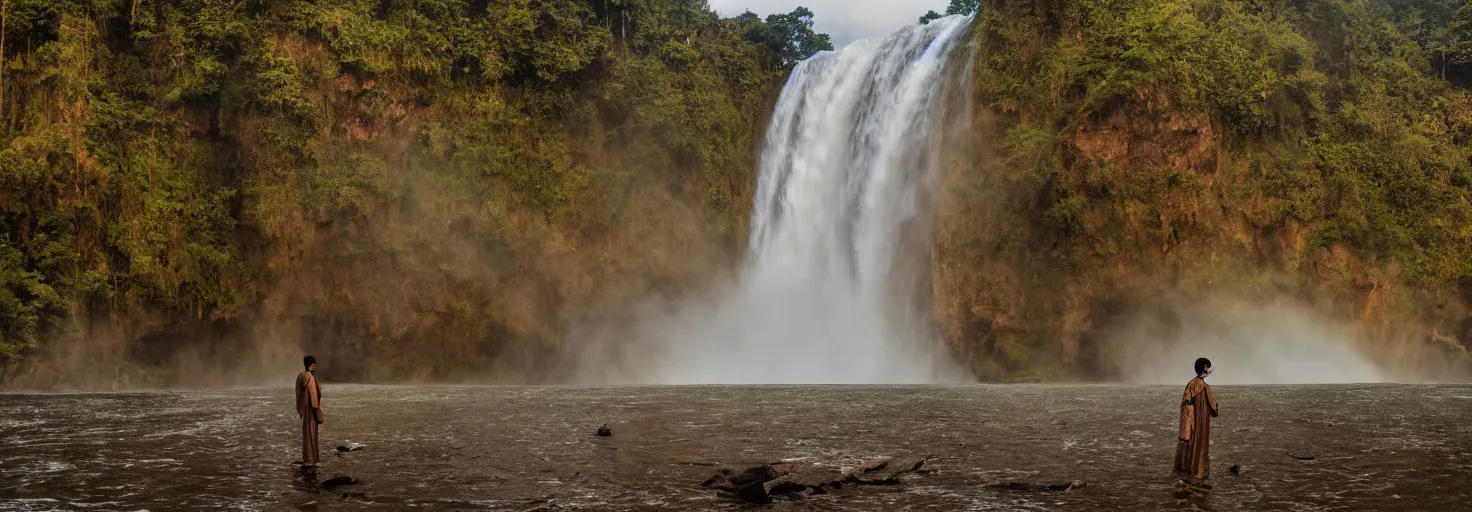 Prompt: dang ngo, annie leibovitz, steve mccurry, a simply breathtaking shot of mediating mon, giant waterfall, golden hour, golden ratio, wide shot, symmetrical