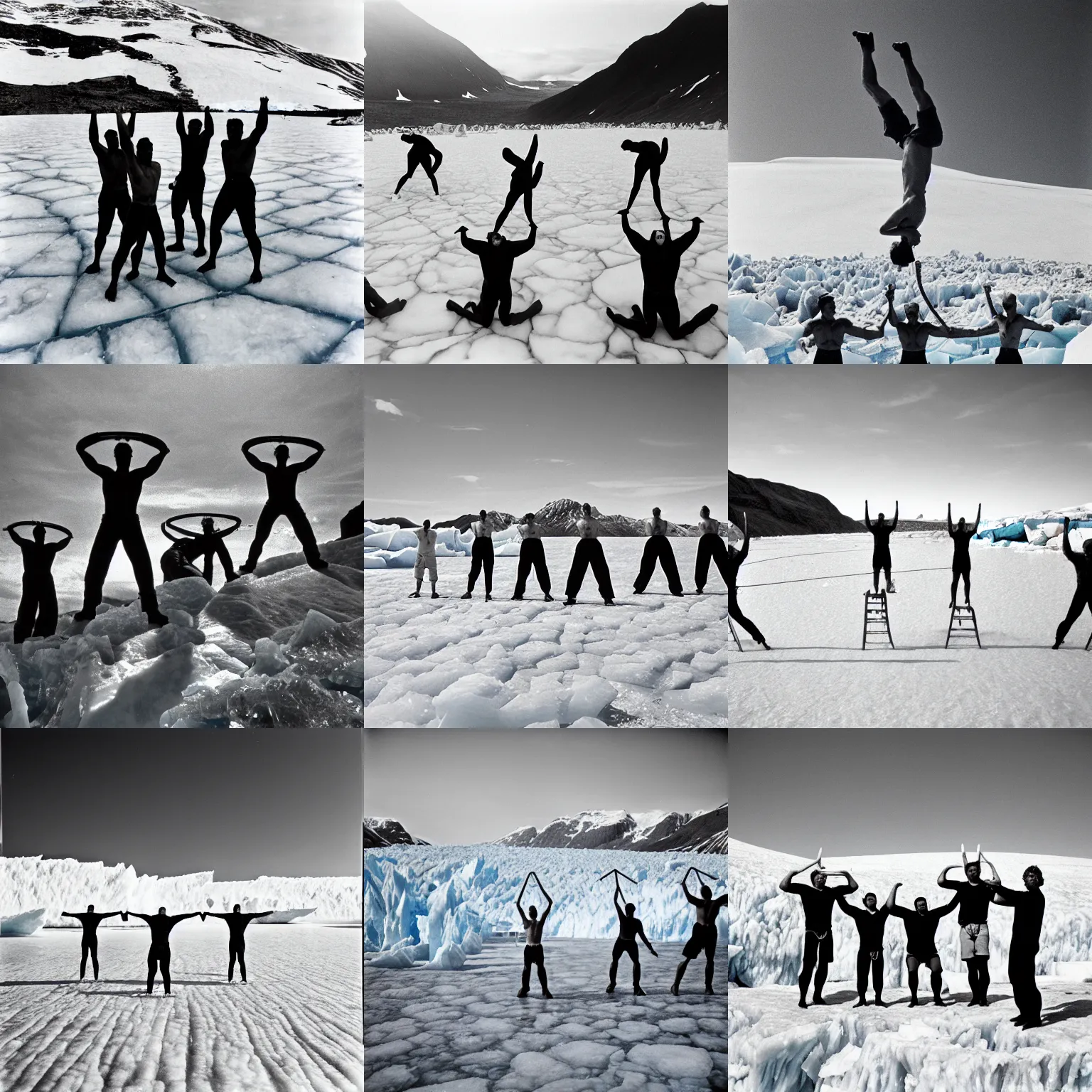 Prompt: four macho men with six packs and ice axes doing handstands on a Norwegian blue ice glacier, tri-X 400 fujifilm photograph from the 70s, bright sunshine