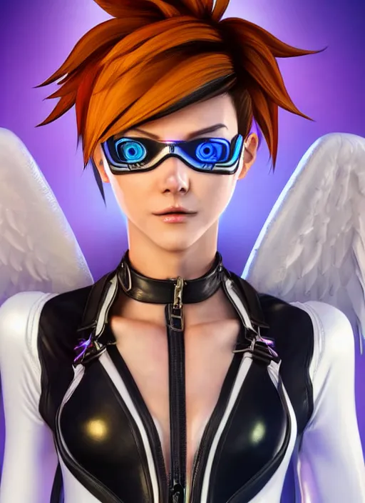 Image similar to portrait bust digital artwork of tracer overwatch, wearing white iridescent rainbow latex and leather straps catsuit outfit, 4 k, expressive happy smug expression, makeup, in style of mark arian, angel wings, wearing detailed black leather collar, chains, black leather harness, detailed face and eyes,