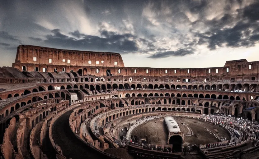 Image similar to a ufo flying saucer in the sky attack colosseum in rome at sunset, foggy volumetric light, a beam of light from the ufo, cinematic trending on artstation