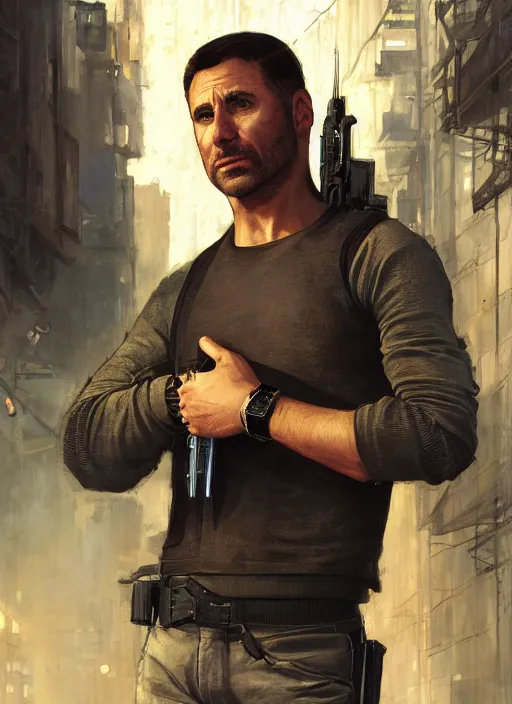 Image similar to sterling archer. cyberpunk mercenary in a military vest ( blade runner 2 0 4 9, cyberpunk 2 0 7 7 ). orientalist portrait by john william waterhouse and james gurney and theodore ralli and nasreddine dinet, oil on canvas. cinematic, hyper realism, realistic proportions, dramatic lighting, high detail 4 k