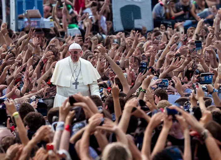 Prompt: photo still of pope francis at the vans warped tour!!!!!!!! at age 3 6 years old 3 6 years of age!!!!!!!! stage diving into the crowd, 8 k, 8 5 mm f 1. 8, studio lighting, rim light, right side key light