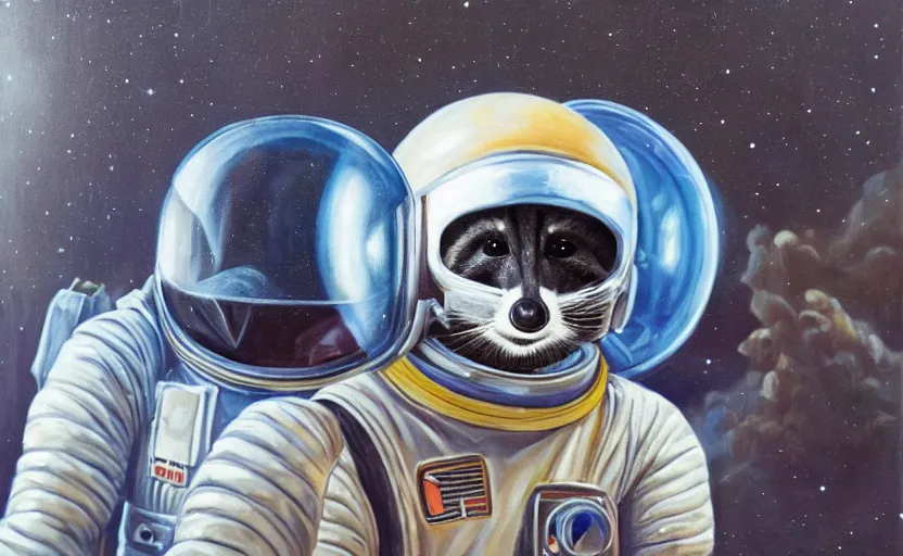 Image similar to oil painting of a racoon in a astronaut suit with helmet, 35mm, photo, Epic, cinematic