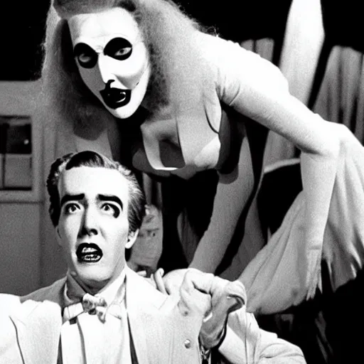 Image similar to scene from the horror picture show with james stewart!!!! james stewart!!!! is acting surprised