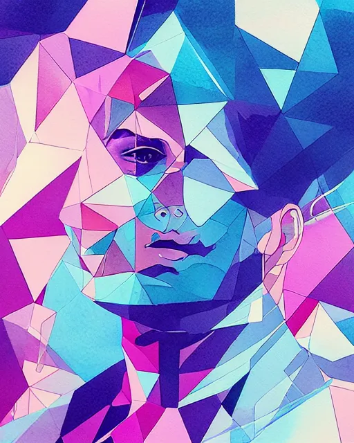 Prompt: vaporwave water smoke portrait, shattering acrylic geometric watercolor art by victo ngai and artgerm