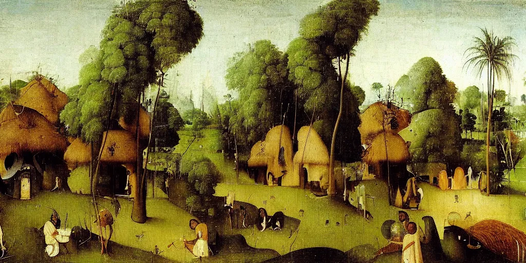 Image similar to painting of a kerala village by Hieronymus Bosch, with some coconut trees and thatched houses