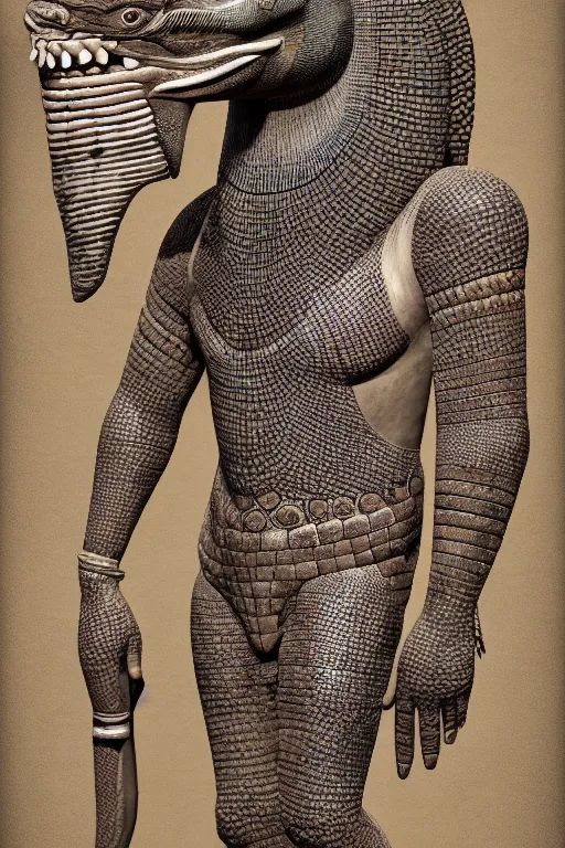 Prompt: full body portrait of sobek egipcian god, intricate design, photorealistic, octane render, raytraced, ultra fine detailed, character design, trending on artstation