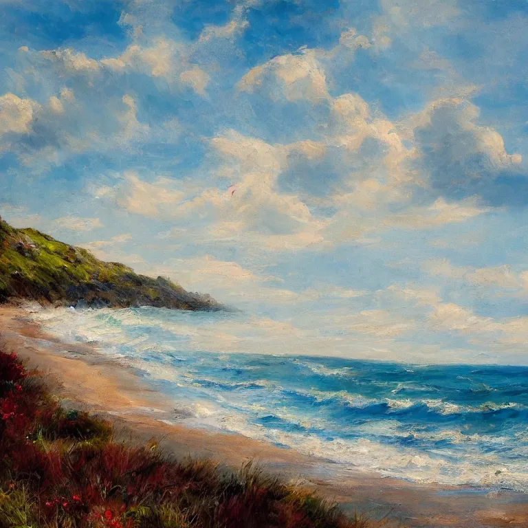 Image similar to a beautiful masterpiece painting of a coastal beach seascape in spring with by juan gimenez, award winning, trending on artstation,