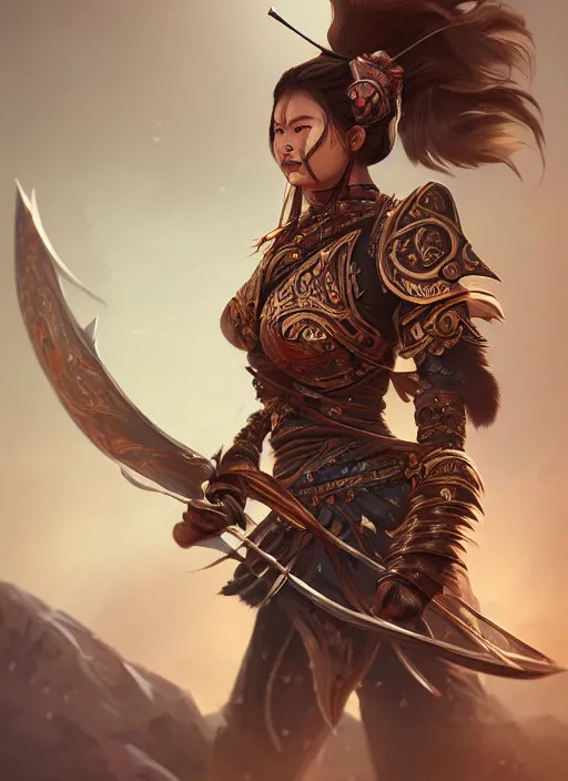 Image similar to a highly detailed illustration of fierce mongol warrior woman with bow, heroic shooting bow pose, perfect hyperdetailed face, intricate, elegant, highly detailed, centered, digital painting, artstation, concept art, smooth, sharp focus, league of legends concept art, wlop.